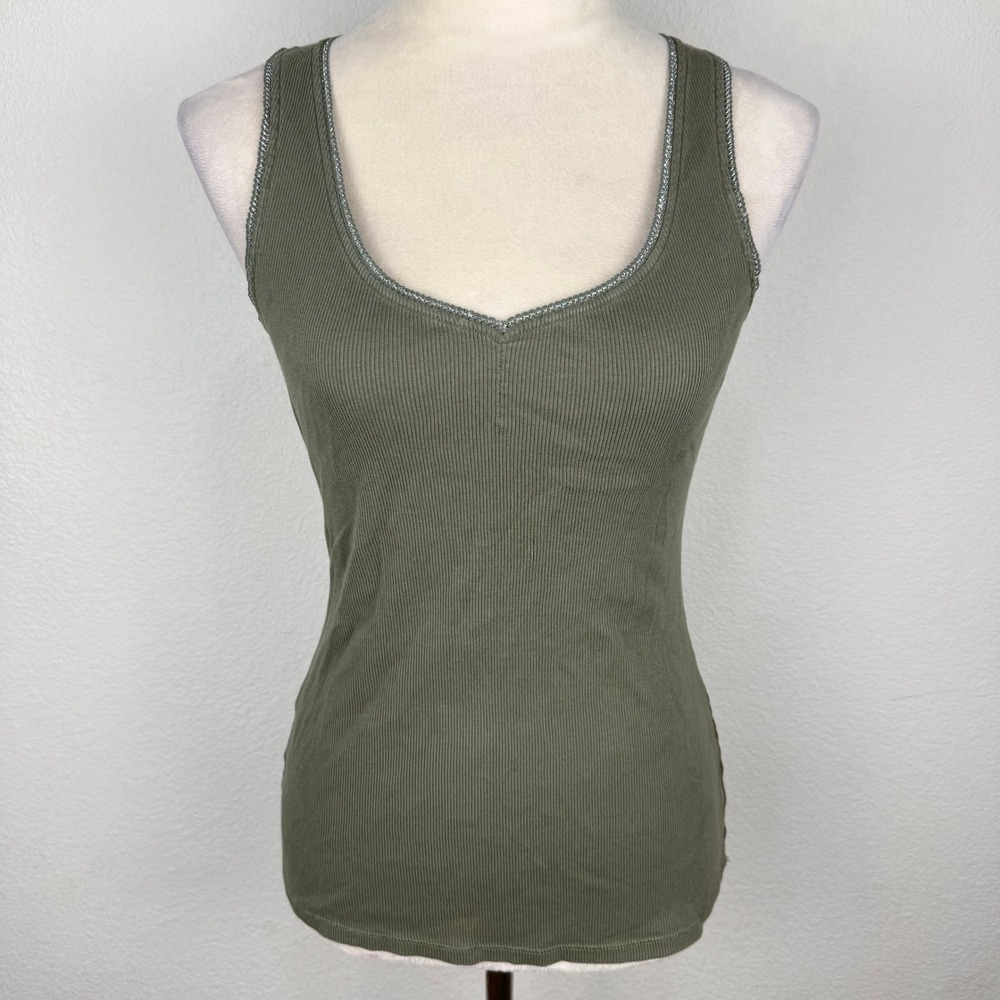 Y2K Express Sexy Basic Tank Womens Olive Green Ribbed Pima Cotton Silver Shimmer